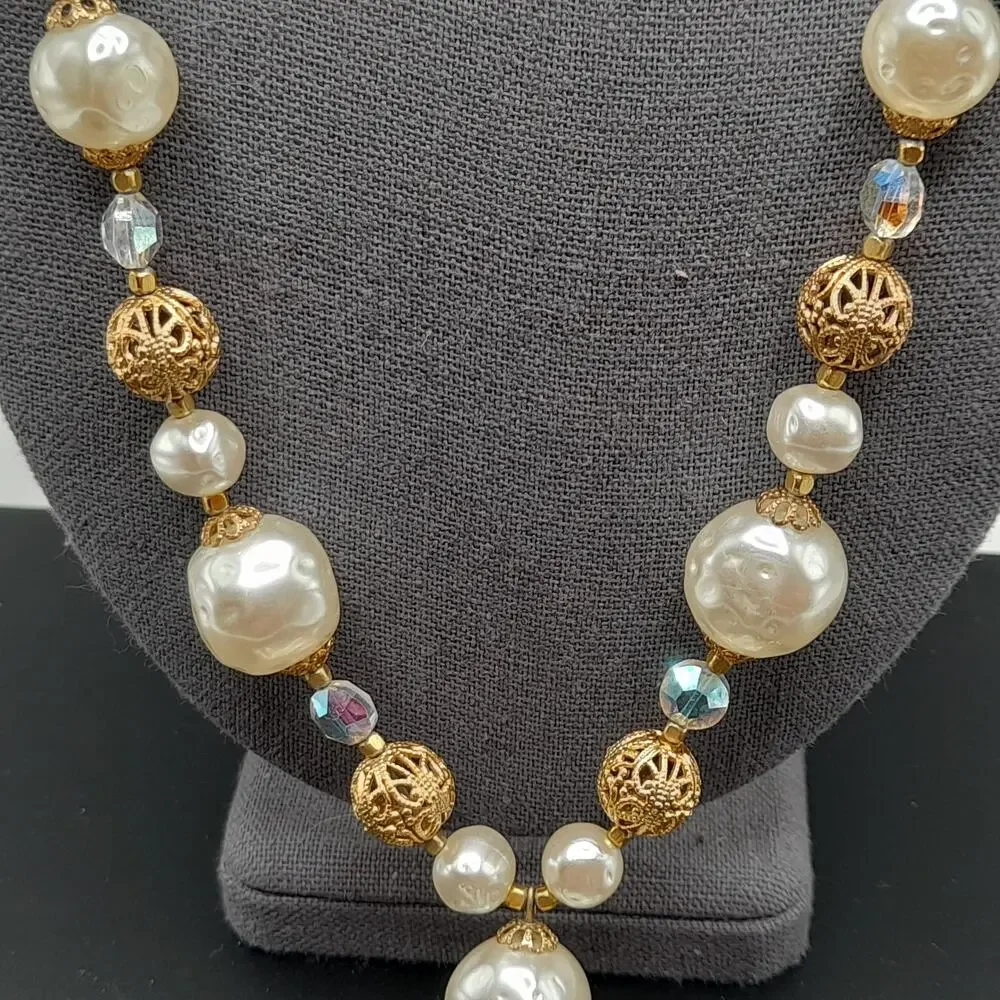 Vintage Faux Pearl Tassel Necklace, Aurora Borealis Crystals, 26